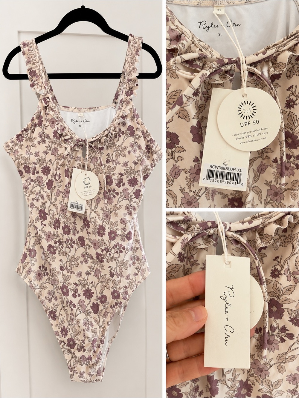 Rylee + Cru Cream and Mauve Floral Ruffle-Strap One-Piece